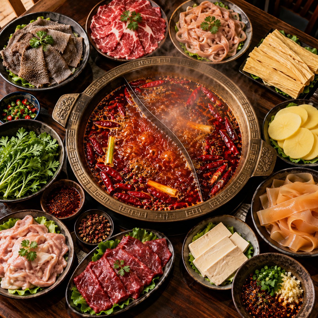 Chongqing hot pot ingredients arranged around a divided pot