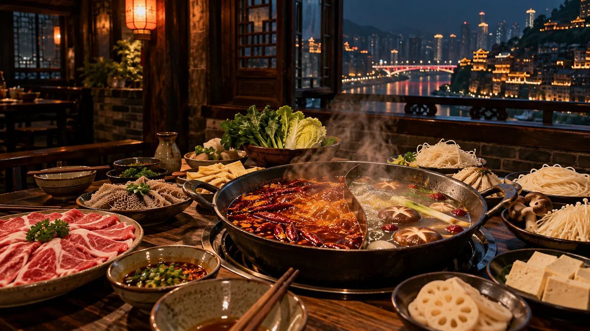 Chinese hot pot with Chongqing night lights