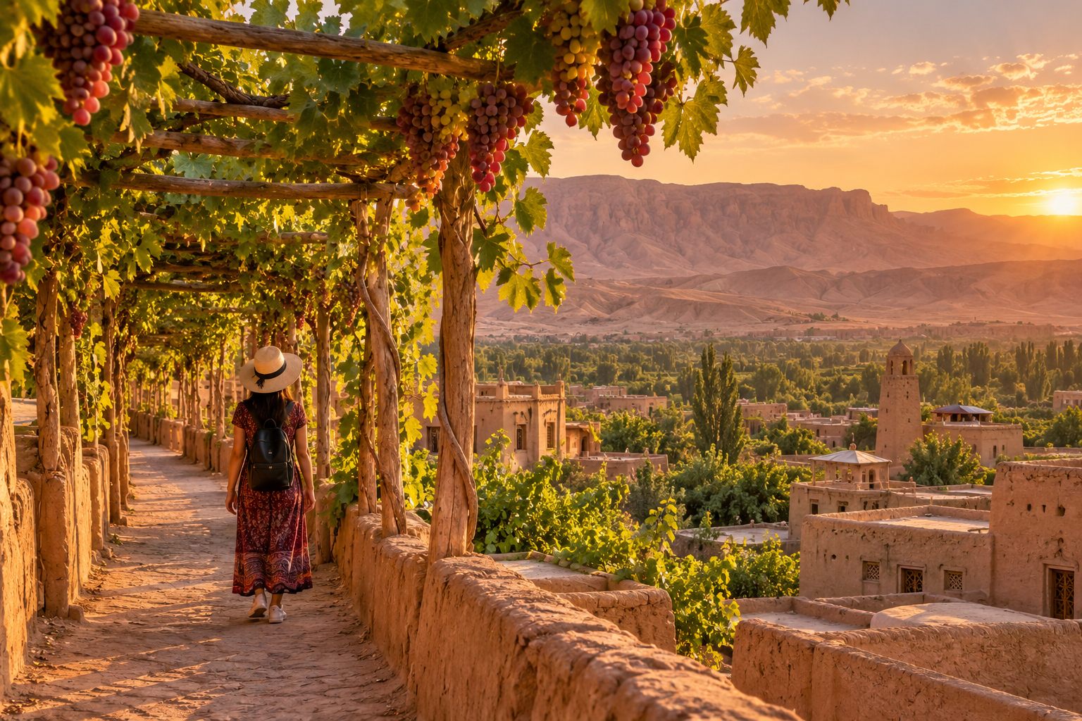Walk under grape trellises between desert and oasis